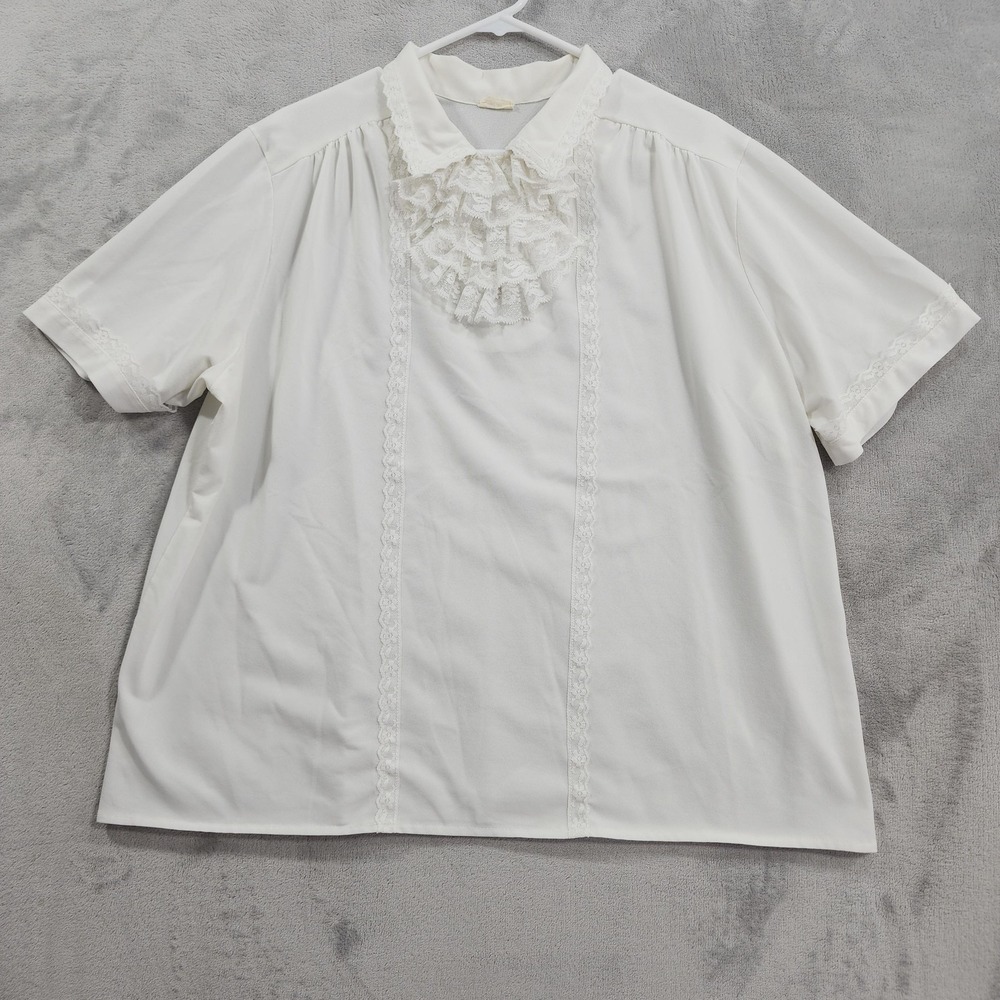 Vintage Top Womens 2XL White Ruffle Bib Lace Short Sleeve Victorian Blouse